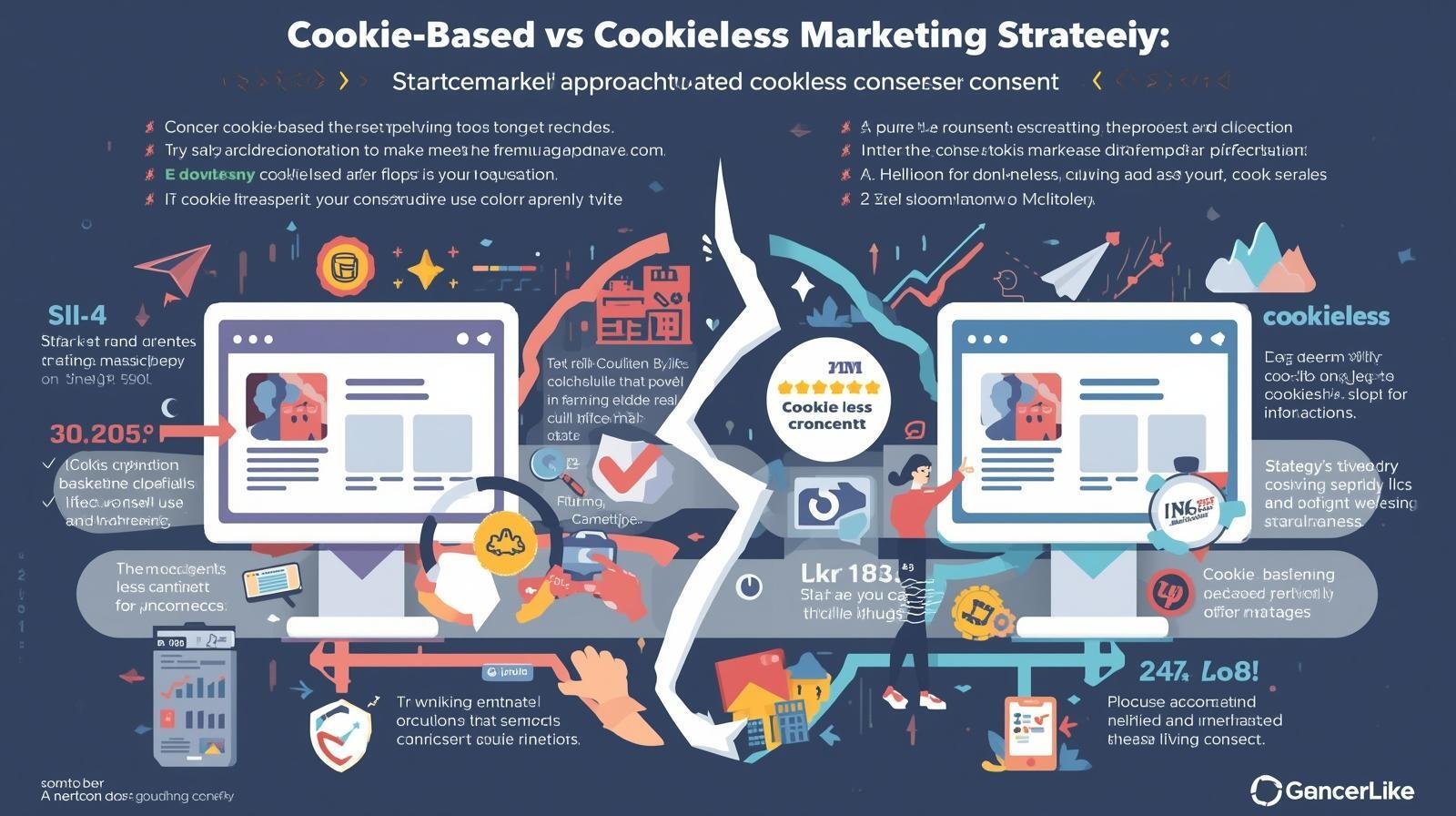 A visually engaging infographic or digital illustration comparing cookie-based and cookieless consent marketing strategies, showcasing user interfaces, data flow diagrams, and key benefits of each approach. The style should be clean, modern
